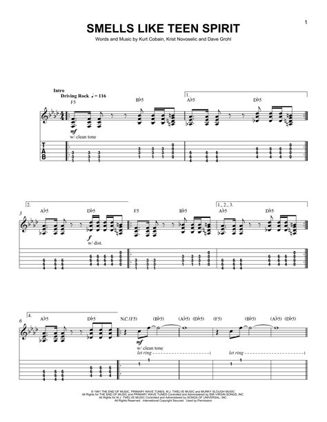 Contact information for splutomiersk.pl - First time: 0:02 minutes in video. The main chords of Smells Like Teen Spirit – four power chords. F, Bb, Ab, Db. F => 6th string, 1st fret. Bb => 5th string, 1st fret. Ab = > 6th string, 4th fret. Db = >5th string, 4th fret. I would just play along with the recording to get the feel! You can slow do the video to practice at a slower speed, too.